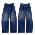 Rhinestone Studded Baggy Banana Curved Jeans Vintage Washed Streetwear