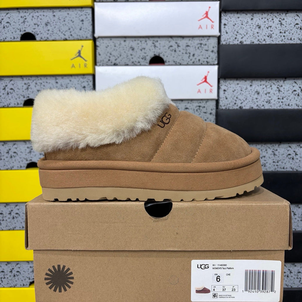 UGG Tazz Platform Slip-On Slipper – Suede Moccasin with Oversized Shearling Cuff & Platform Sole in Chestnut