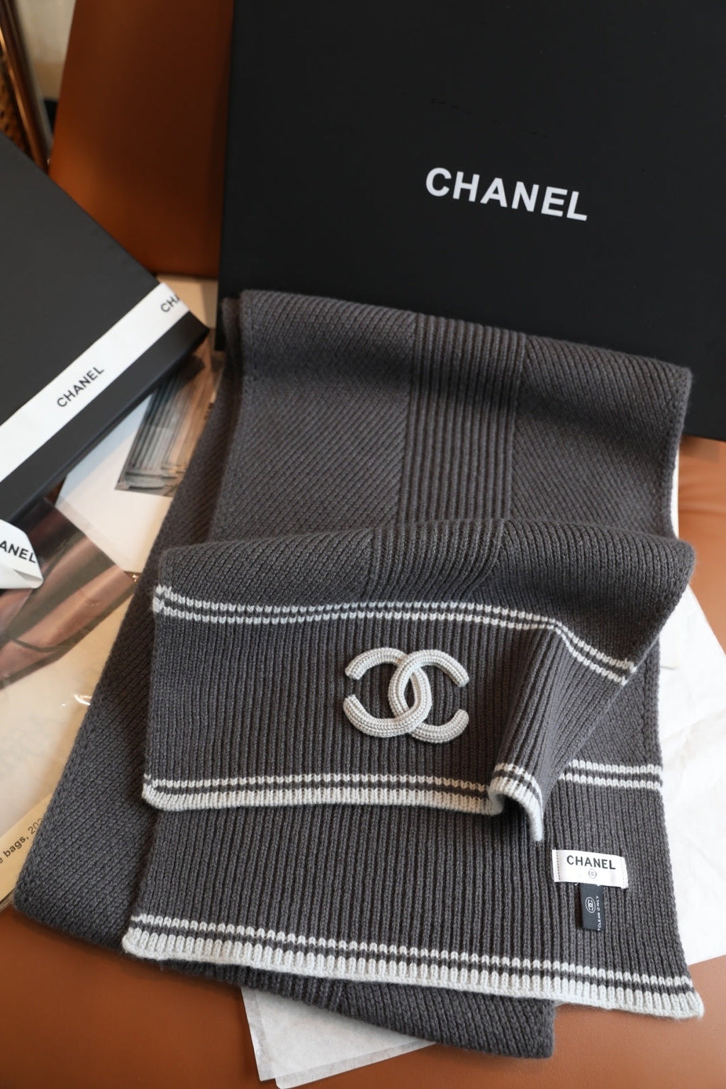 Chanel Style Rib-Knit Logo Scarf