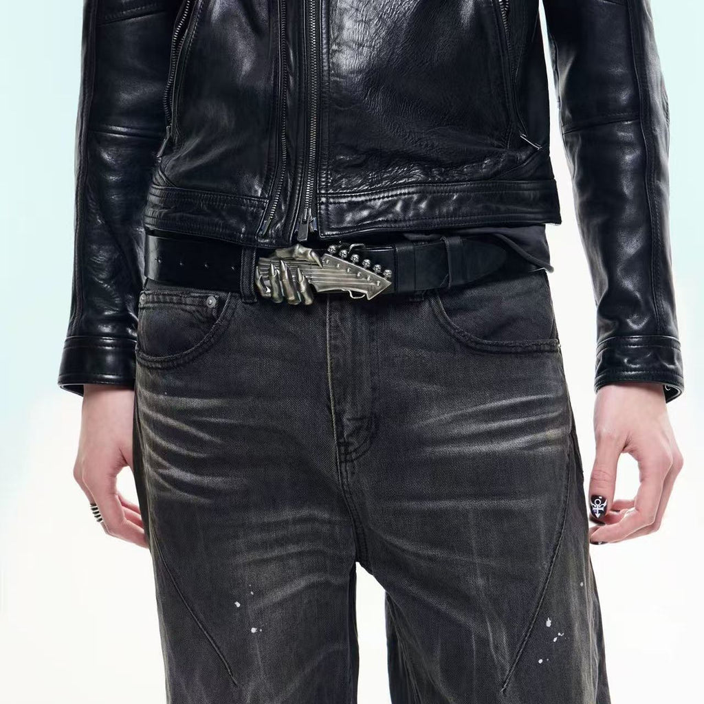 TBR Leather Belt Ghost Claw Guitar Buckle Washed Bison Grain Waist