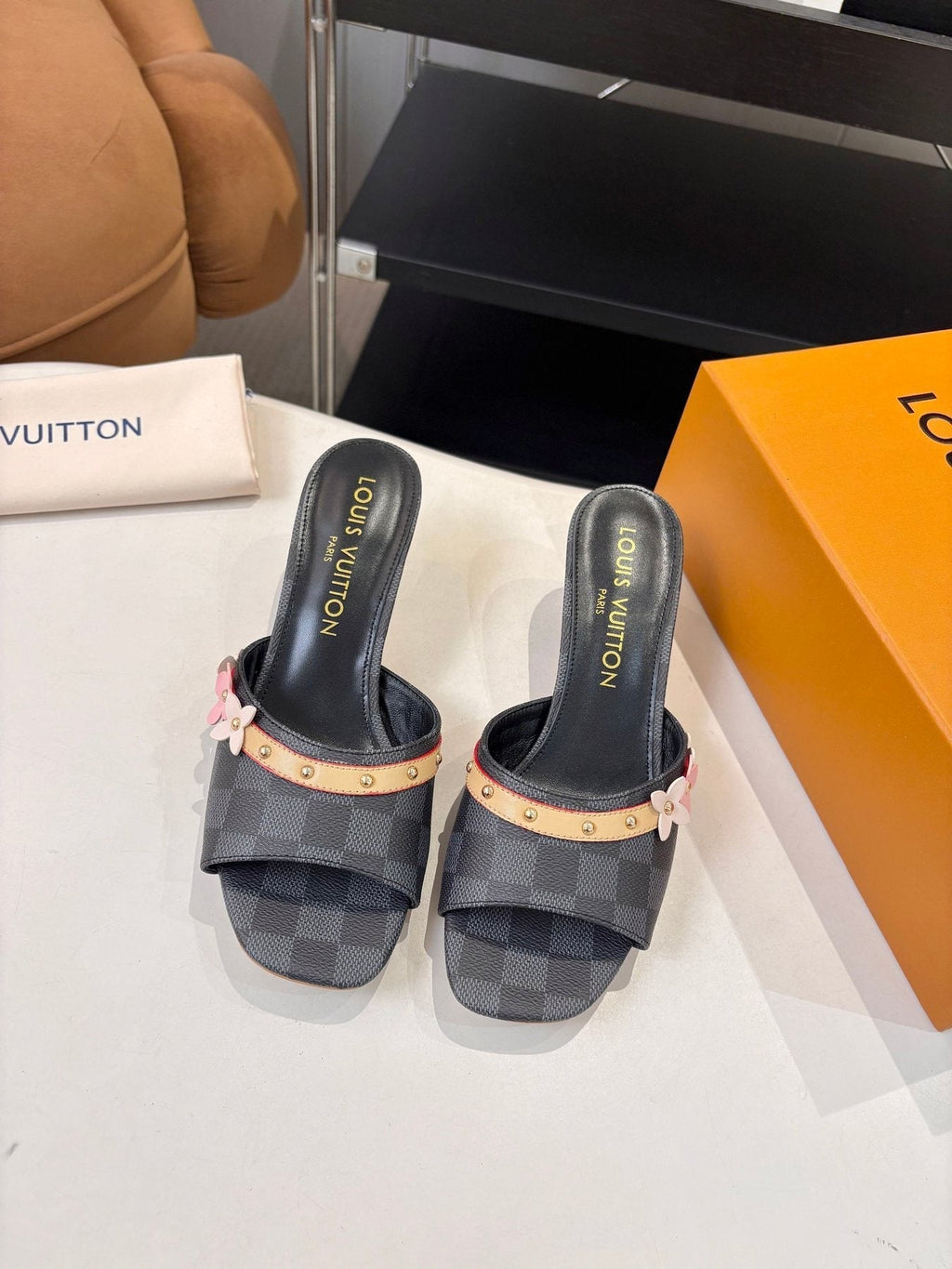 Louis Vuitton Checkered Floral Slingback Heeled Sandals