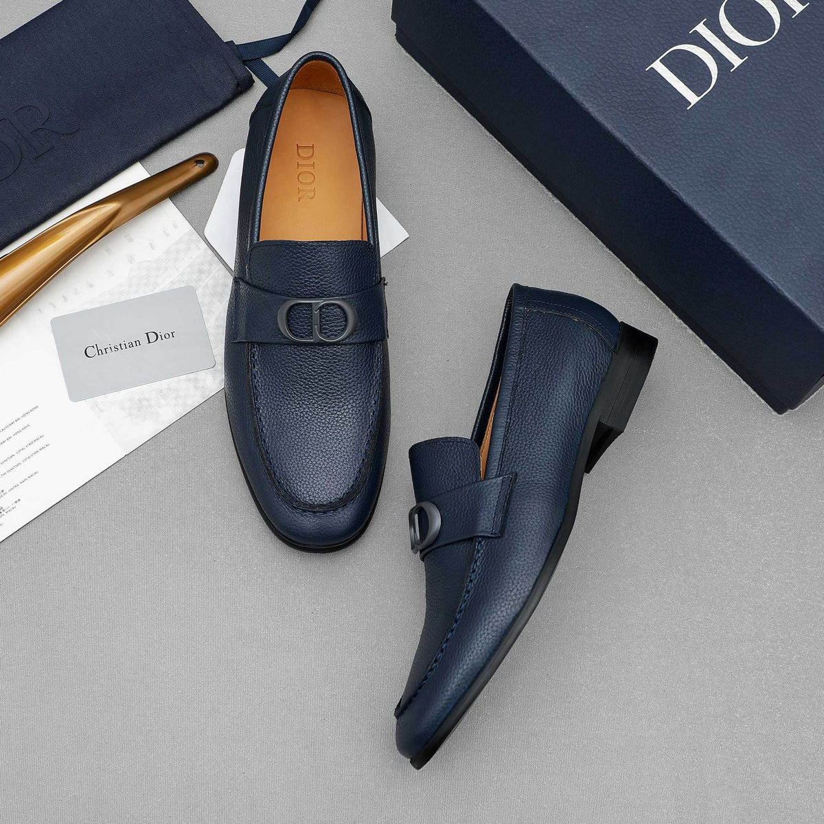 Dior Navy Blue Pebbled Leather Loafers