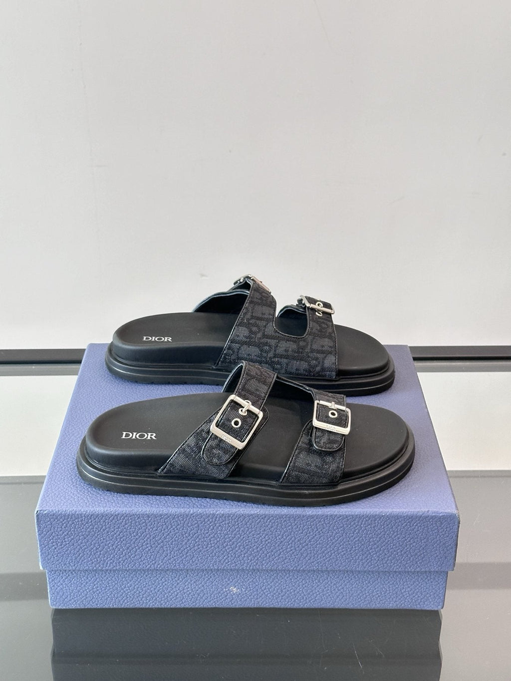 Dior Men's Buckle Strap Slide Sandals - Black and Charcoal Gray