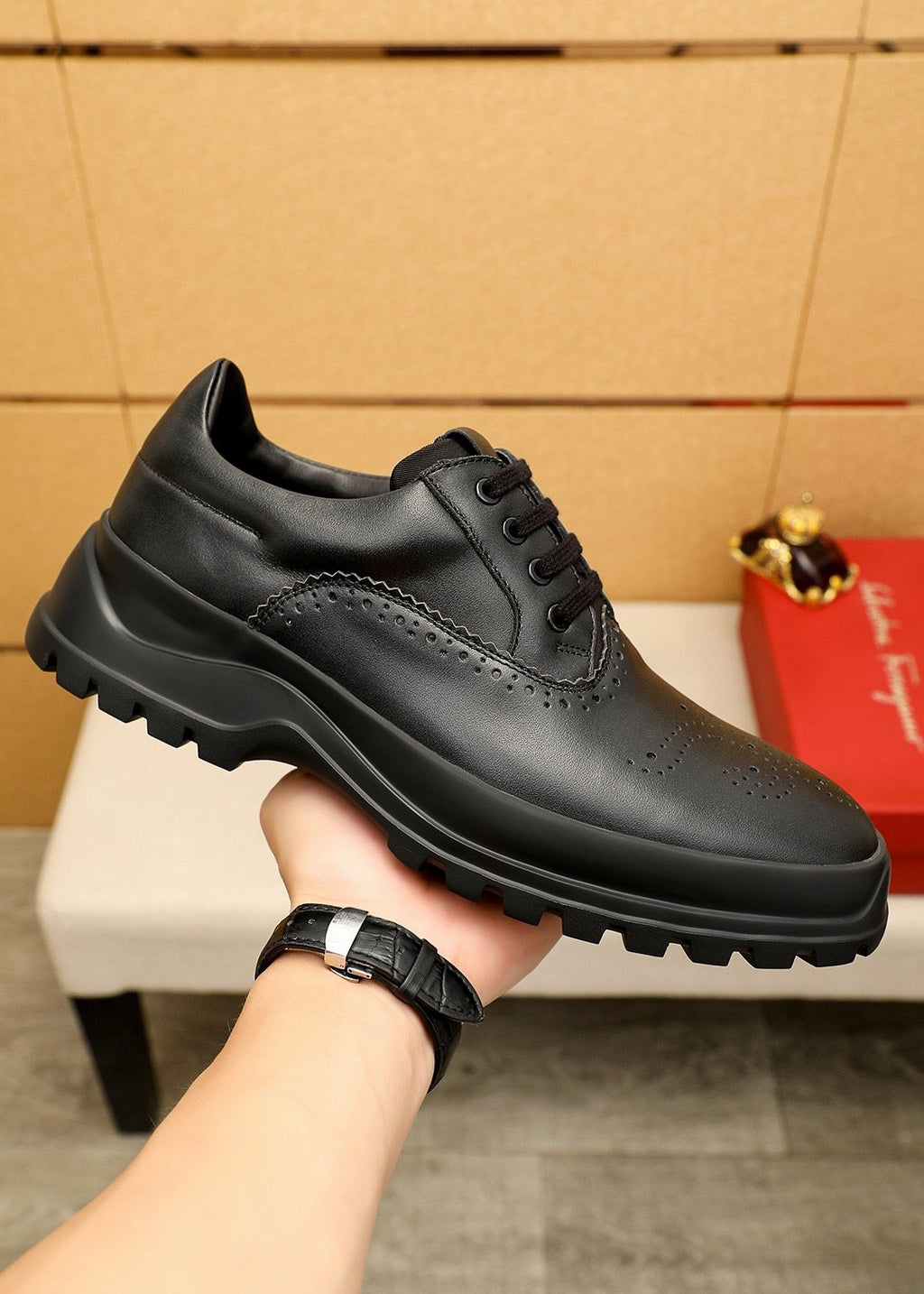 Ferragamo Black Perforated Lace-Up Shoes - Treaded Sole