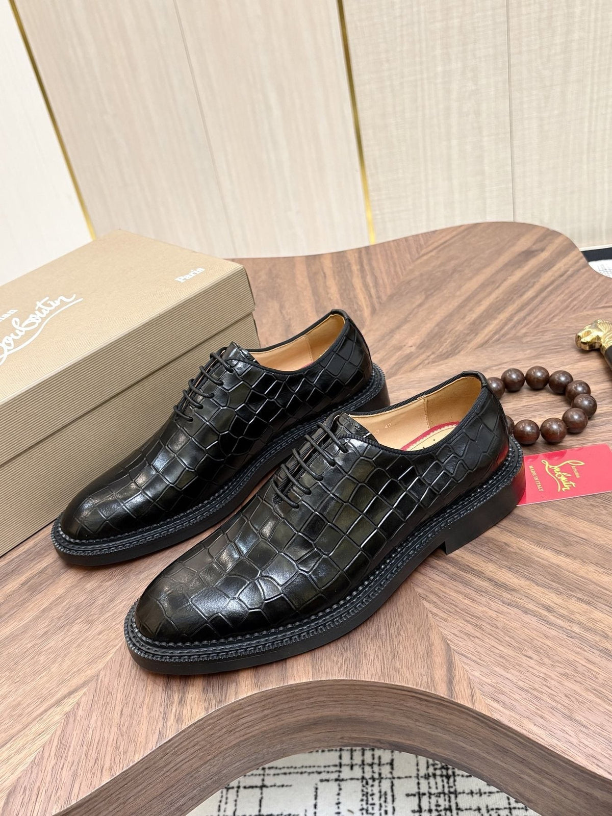Christian Louboutin Black Embossed Lace-Up Dress Shoes