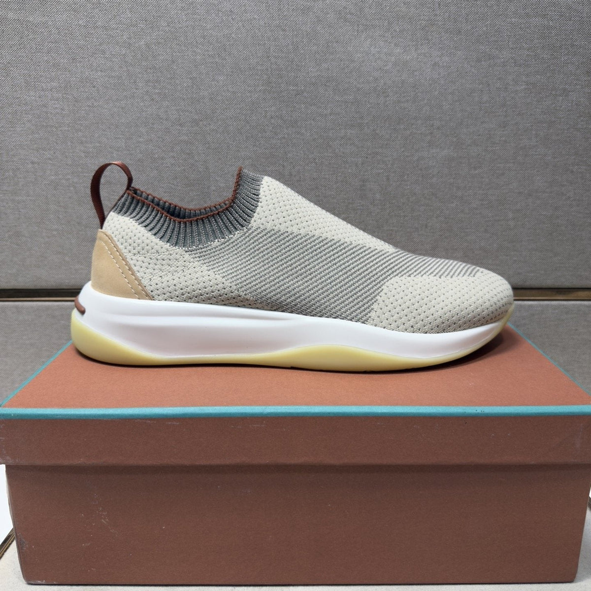 Men's Knit-Look Slip-On Sneakers - Light Gray, Beige & White