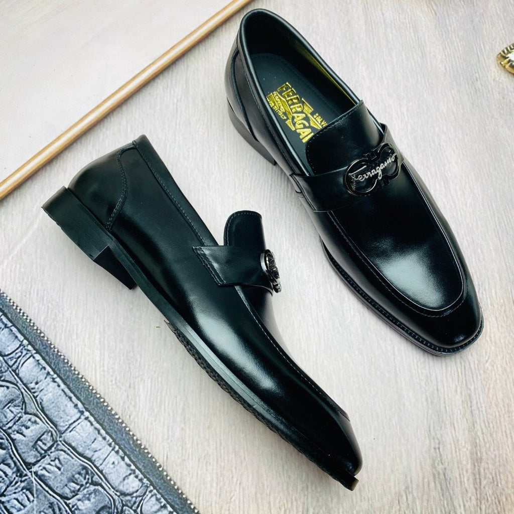 Ferragamo Black Metal-Accent Loafers
