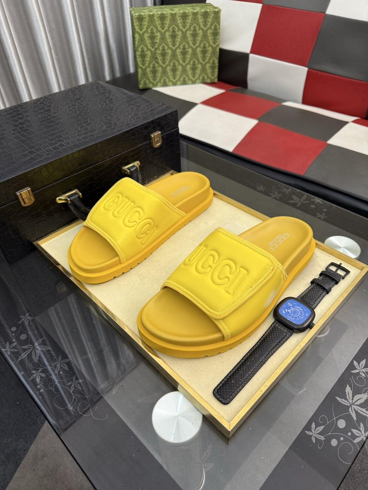 Gucci Embossed Strap Slide Sandals