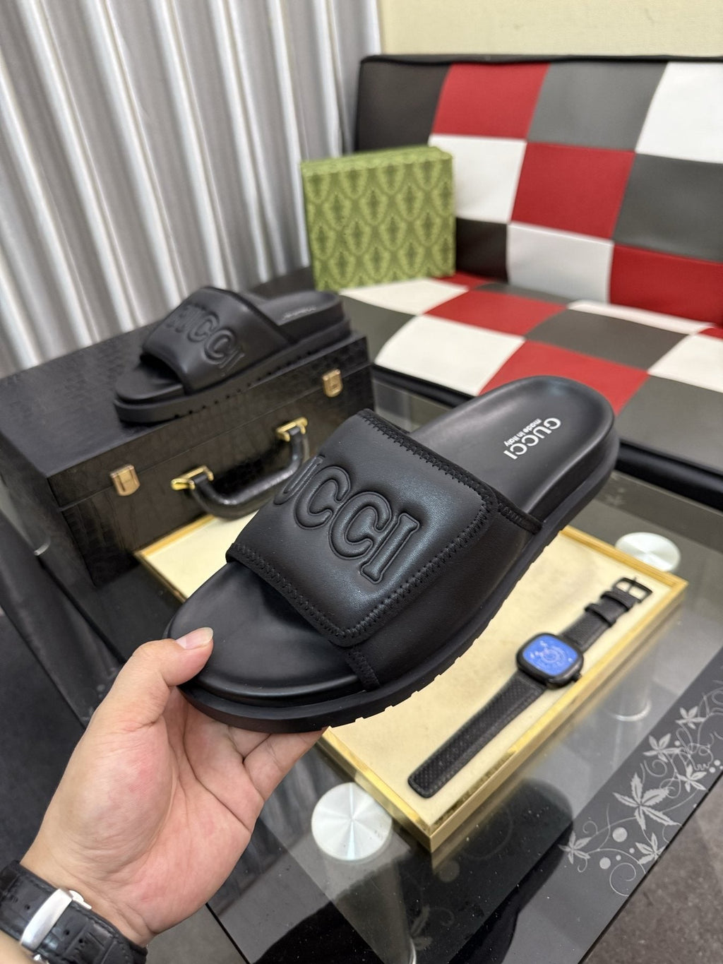 Gucci Embossed Strap Slide Sandals