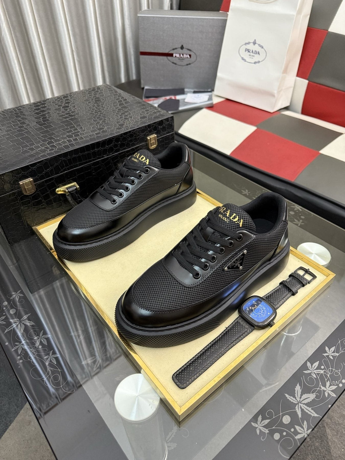 Prada Men's Triangle Badge Low-Top Sneakers - Rubber Outsole