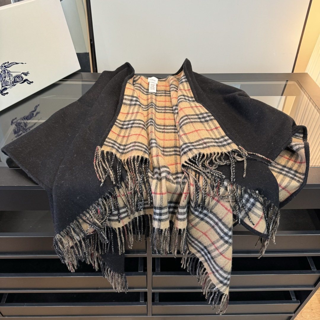 Burberry Fringed Plaid-Panel Poncho
