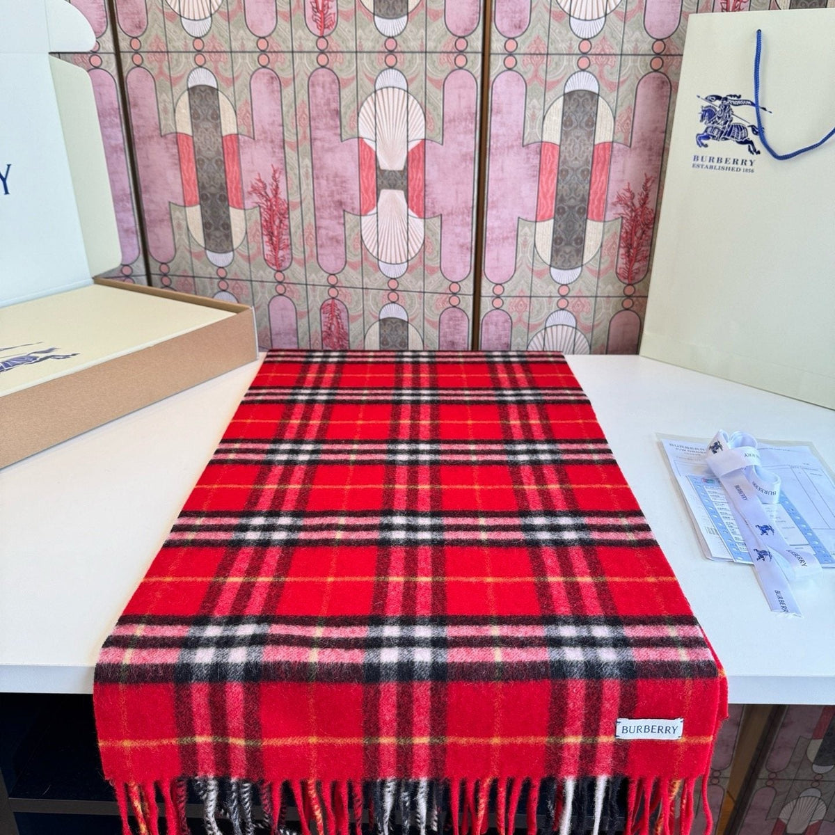 Burberry Red Plaid Fringed Scarf