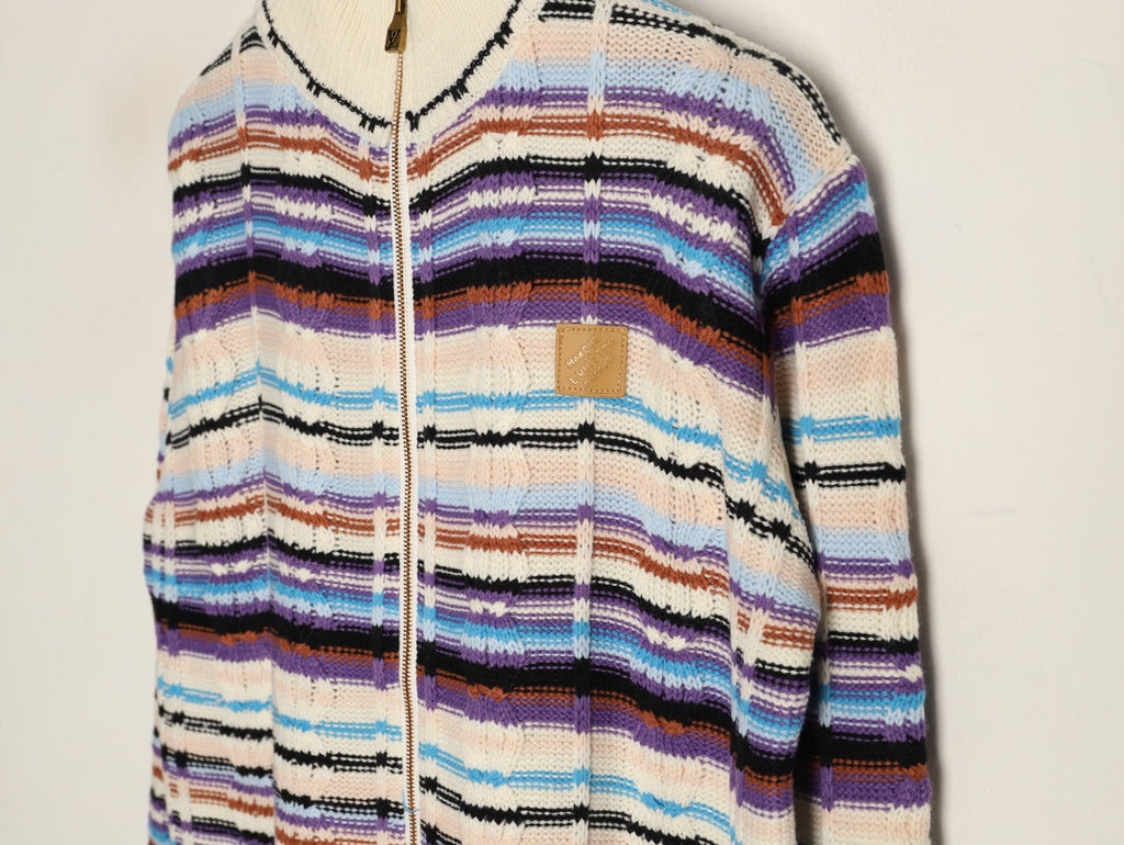 Louis Vuitton Retro Multicolor-Stripe Stand-Collar Zip Knit Cardigan - Cream